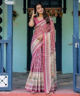 Cotton handloom saree with digital floral print and tassels     festive wear 3