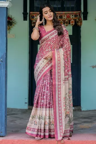 Cotton handloom saree with digital floral print and tassels     festive wear