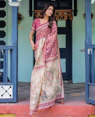 Cotton handloom saree with digital floral print and tassels     festive wear 4
