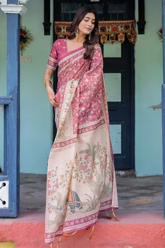 Cotton handloom saree with digital floral print and tassels     festive wear