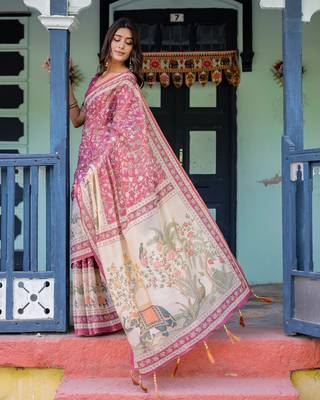 Cotton handloom saree with digital floral print and tassels     festive wear 5