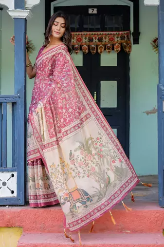 Cotton handloom saree with digital floral print and tassels     festive wear