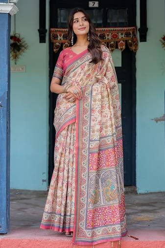 Pastel floral handloom cotton saree with pallu tassels & blouse piece