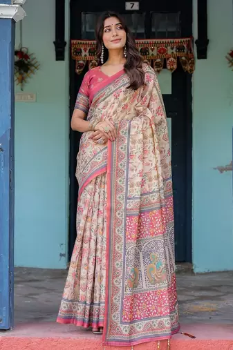 Pastel floral handloom cotton saree with pallu tassels & blouse piece