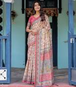 Pastel floral handloom cotton saree with pallu tassels & blouse piece