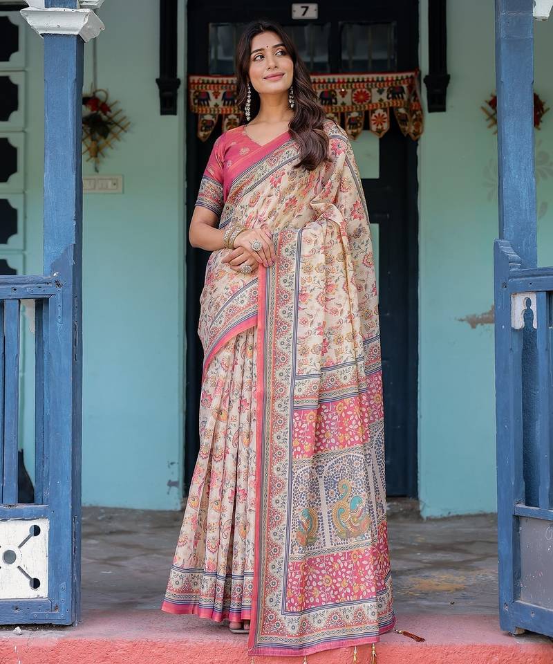 Pastel floral handloom cotton saree with pallu tassels & blouse piece