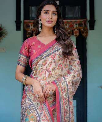 Pastel floral handloom cotton saree with pallu tassels & blouse piece 2