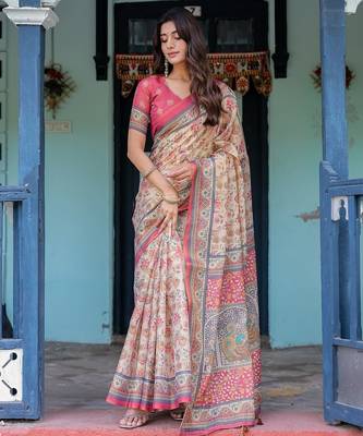 Pastel floral handloom cotton saree with pallu tassels & blouse piece 3
