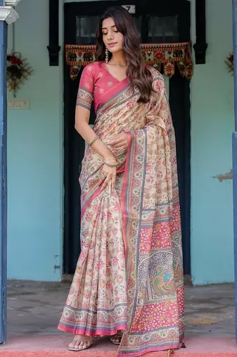 Pastel floral handloom cotton saree with pallu tassels & blouse piece