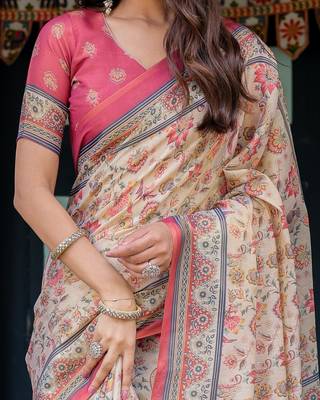 Pastel floral handloom cotton saree with pallu tassels & blouse piece 4