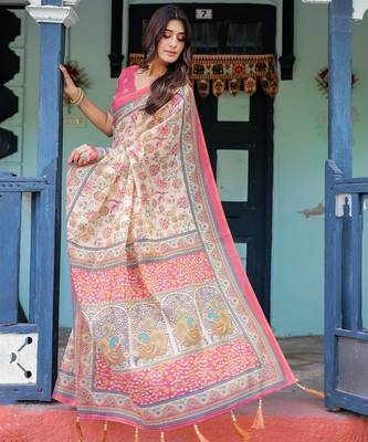 Pastel floral handloom cotton saree with pallu tassels & blouse piece 5