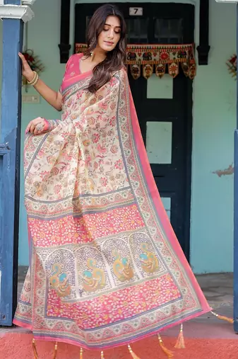 Pastel floral handloom cotton saree with pallu tassels & blouse piece