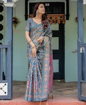 Ethnic handloom cotton saree with colorful floral print and matching blouse 1