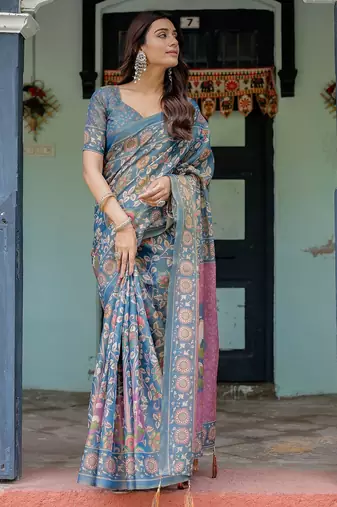 Ethnic handloom cotton saree with colorful floral print and matching blouse