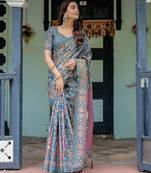 Ethnic handloom cotton saree with colorful floral print and matching blouse