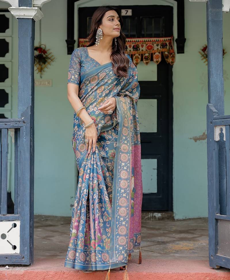 Ethnic handloom cotton saree with colorful floral print and matching blouse