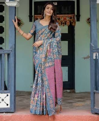 Ethnic handloom cotton saree with colorful floral print and matching blouse 2
