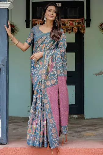 Ethnic handloom cotton saree with colorful floral print and matching blouse
