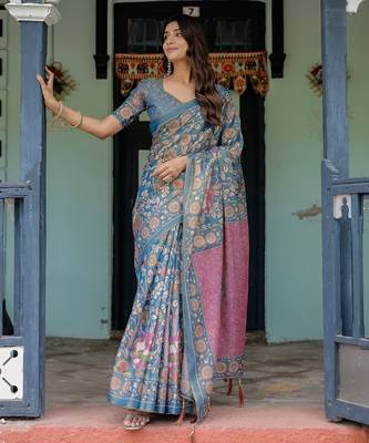 Ethnic handloom cotton saree with colorful floral print and matching blouse 3