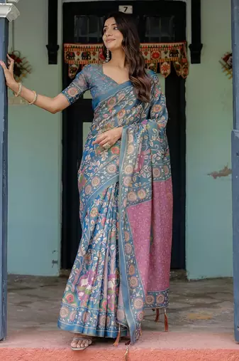 Ethnic handloom cotton saree with colorful floral print and matching blouse