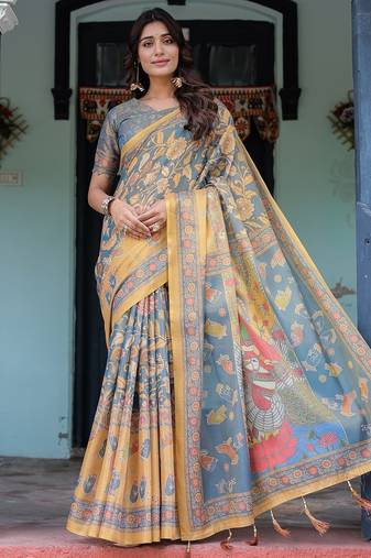Cotton cotton blend handloom saree with floral motif and tassel border