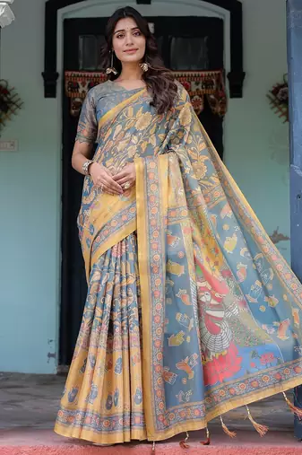 Cotton cotton blend handloom saree with floral motif and tassel border