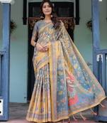 Cotton cotton blend handloom saree with floral motif and tassel border