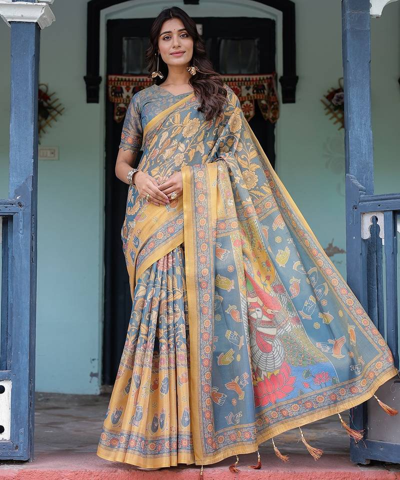Cotton cotton blend handloom saree with floral motif and tassel border
