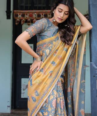 Cotton cotton blend handloom saree with floral motif and tassel border 2