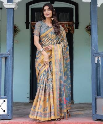 Cotton cotton blend handloom saree with floral motif and tassel border 3