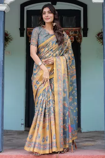 Cotton cotton blend handloom saree with floral motif and tassel border