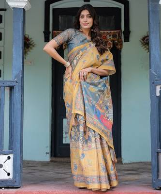 Cotton cotton blend handloom saree with floral motif and tassel border 4