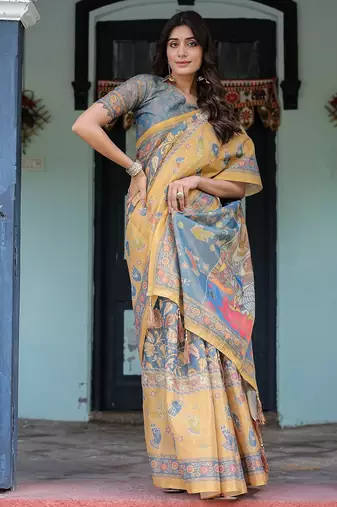 Cotton cotton blend handloom saree with floral motif and tassel border