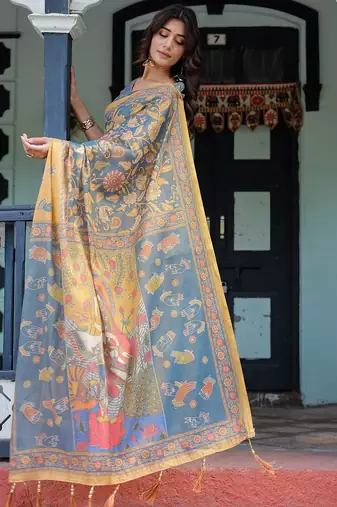 Cotton cotton blend handloom saree with floral motif and tassel border