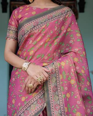 Women   s handloom cotton saree     floral printed with attached blouse & tassels 2