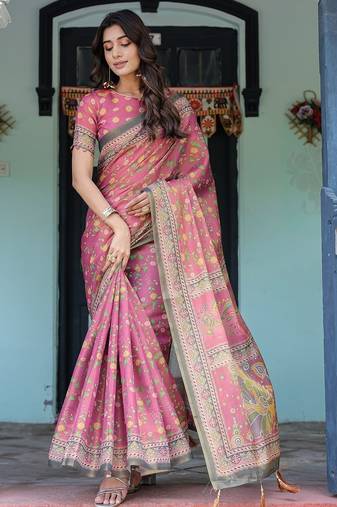 Women   s handloom cotton saree     floral printed with attached blouse & tassels