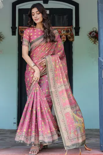 Women’s handloom cotton saree – floral printed with attached blouse & tassels