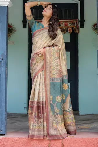Soft handloom cotton floral saree with tassels     includes 0.8m blouse
