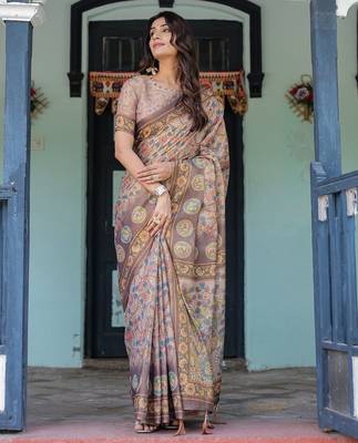Printed floral handloom cotton saree with stylish tassel finish     ready to wear 3