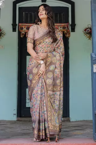Printed floral handloom cotton saree with stylish tassel finish     ready to wear