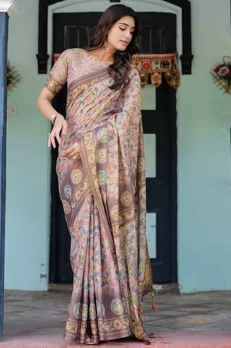 Printed floral handloom cotton saree with stylish tassel finish – ready to wear