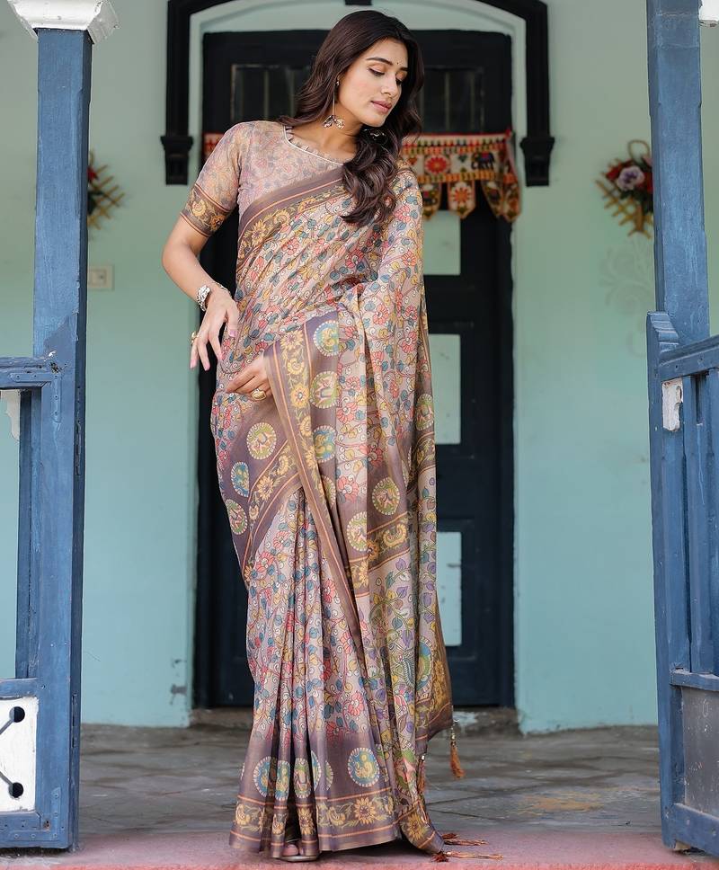 Printed floral handloom cotton saree with stylish tassel finish     ready to wear
