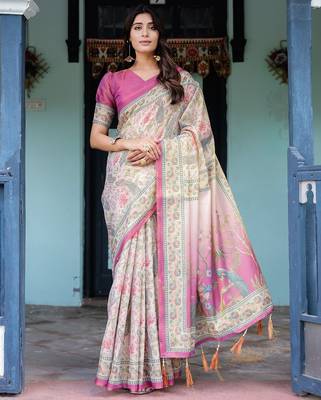 Graceful handloom cotton saree with artistic floral print & tassels 1