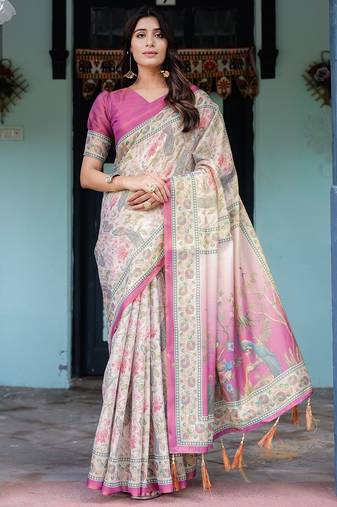 Graceful handloom cotton saree with artistic floral print & tassels