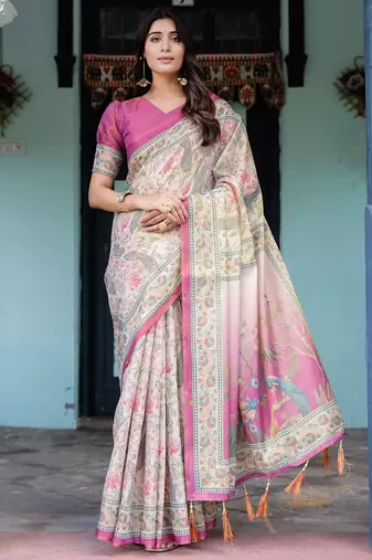 Graceful handloom cotton saree with artistic floral print & tassels
