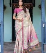 Graceful handloom cotton saree with artistic floral print & tassels