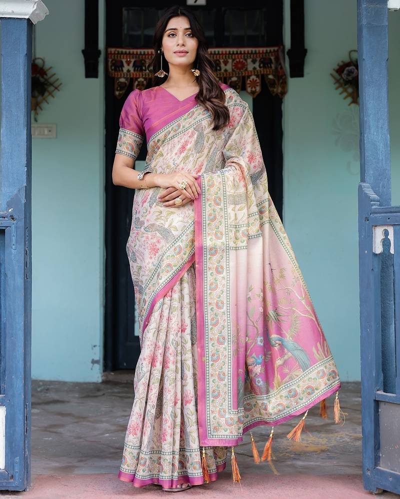 Graceful handloom cotton saree with artistic floral print & tassels