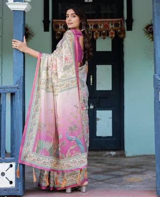 Graceful handloom cotton saree with artistic floral print & tassels 2