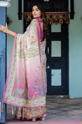 Graceful handloom cotton saree with artistic floral print & tassels