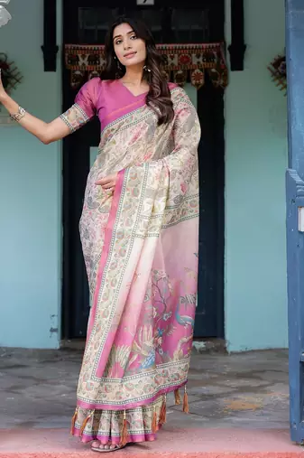 Graceful handloom cotton saree with artistic floral print & tassels